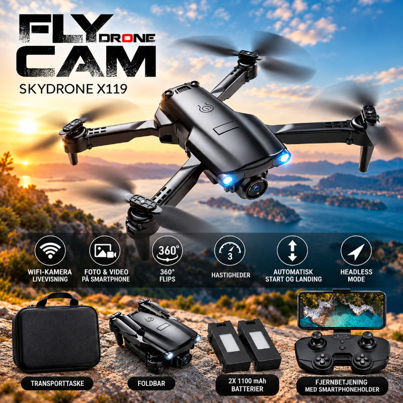 SKYDRONE Fly Cam X119 - Foldbar drone med WiFi-kamera og 2 batterier